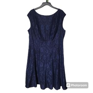 Lauren Ralph Lauren Navy Blue Lace Overlay Sleeveless Flare Midi Party Dress 14W